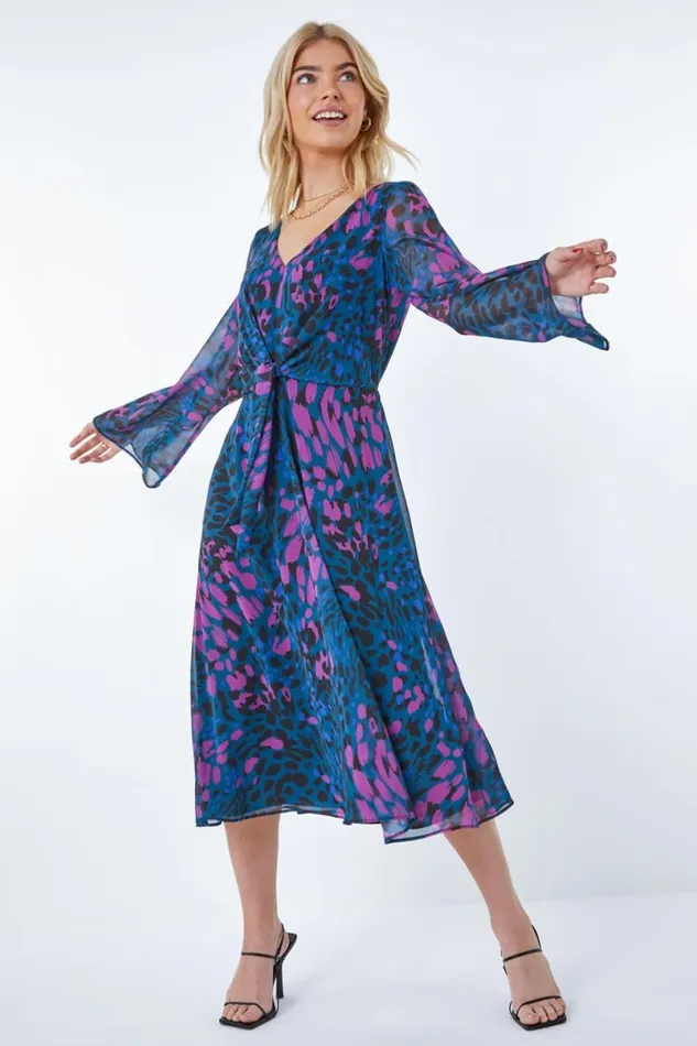 Teal Animal Print Chiffon Knot Front Dress Women Roman Dresses