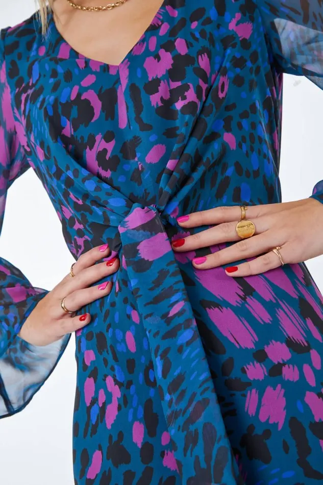 Teal Animal Print Chiffon Knot Front Dress Women Roman Dresses
