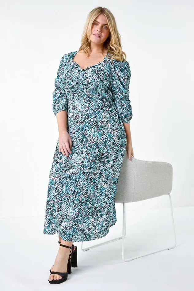 Teal Curve Abstract Spot Ruched Midi Dress Women Roman Dresses