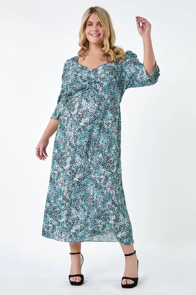 Teal Curve Abstract Spot Ruched Midi Dress Women Roman Dresses