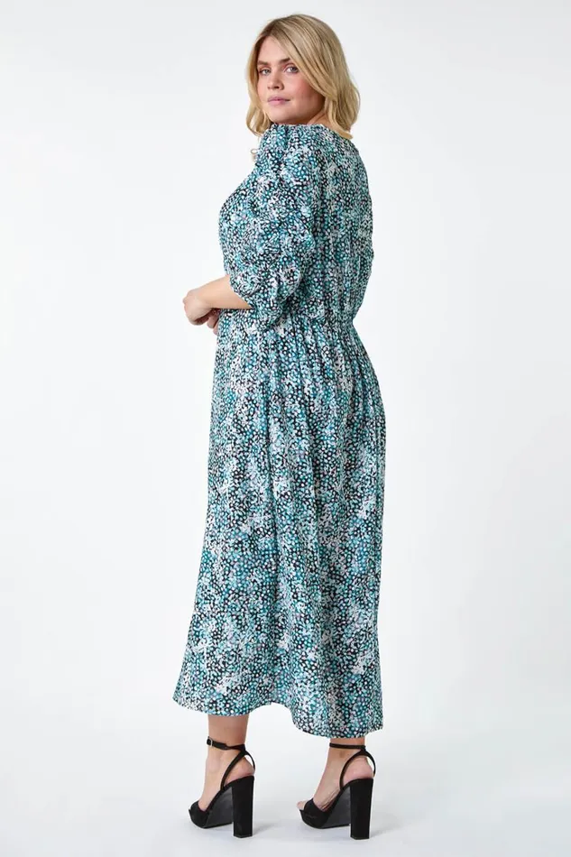 Teal Curve Abstract Spot Ruched Midi Dress Women Roman Dresses