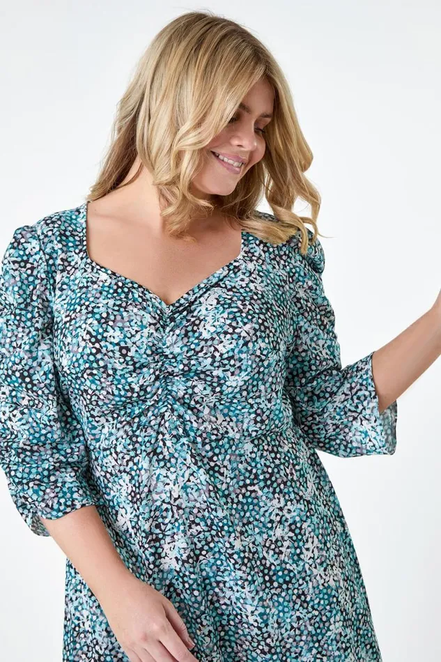 Teal Curve Abstract Spot Ruched Midi Dress Women Roman Dresses