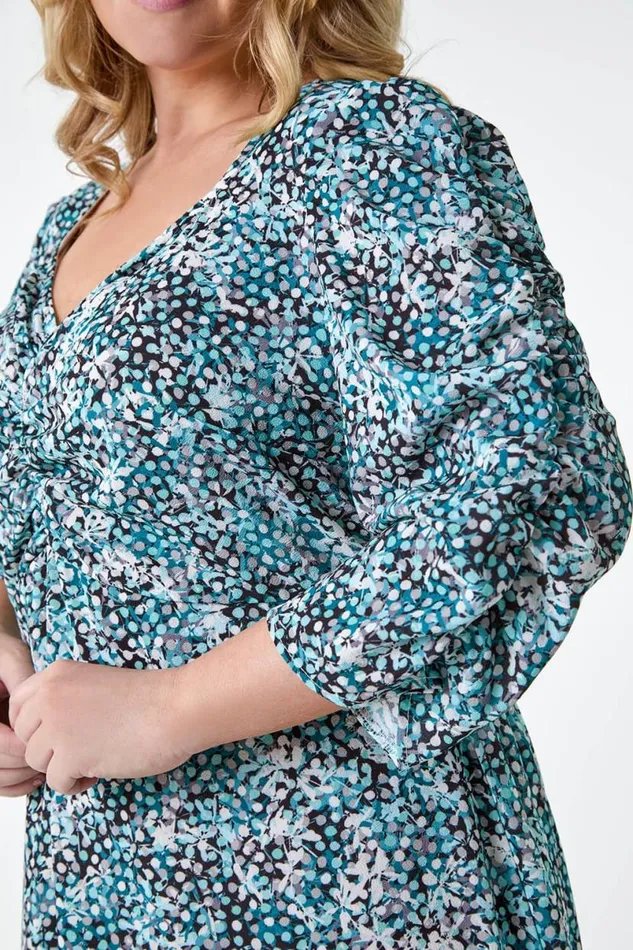 Teal Curve Abstract Spot Ruched Midi Dress Women Roman Dresses