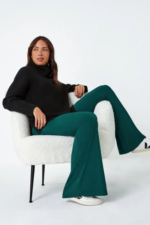 Teal Elastic Waist Wide Leg Stretch Trousers Women Roman Trousers
