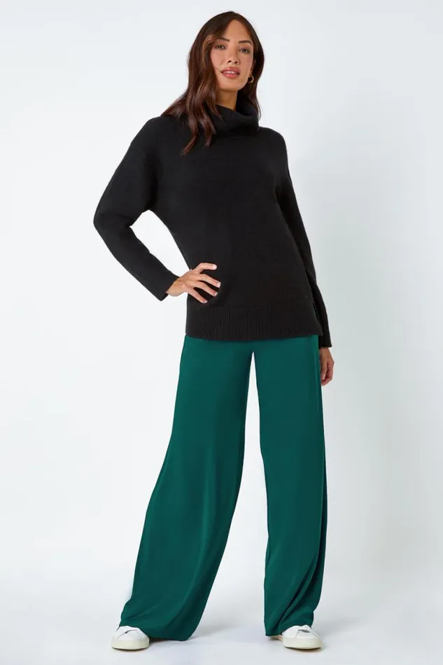 Teal Elastic Waist Wide Leg Stretch Trousers Women Roman Trousers