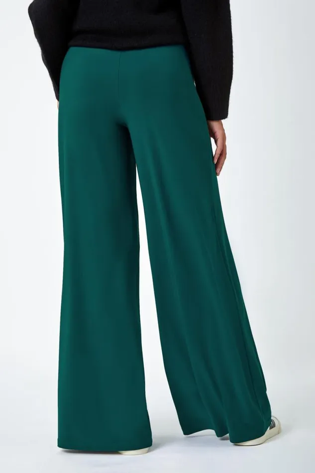 Teal Elastic Waist Wide Leg Stretch Trousers Women Roman Trousers