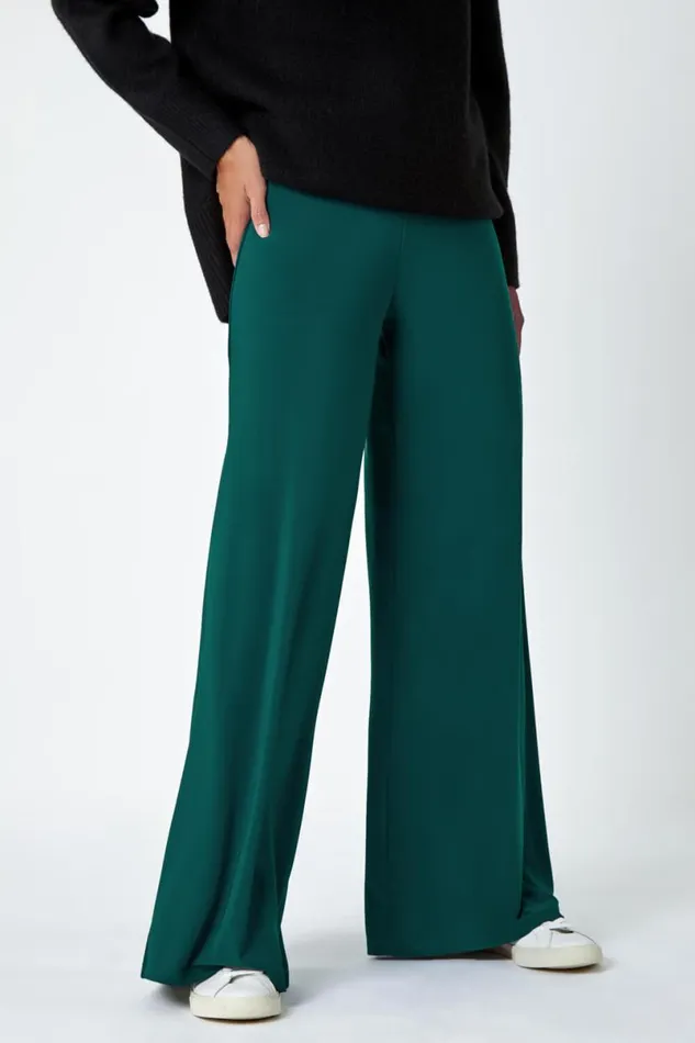Teal Elastic Waist Wide Leg Stretch Trousers Women Roman Trousers