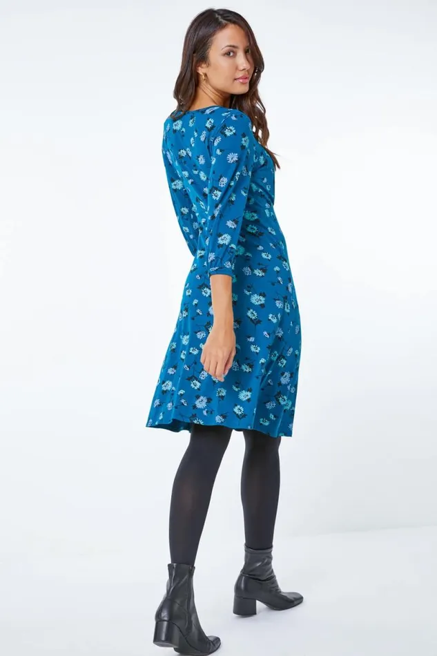 Teal Floral Print Gathered Tea Dress Women Roman Dresses