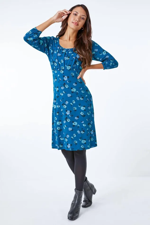 Teal Floral Print Gathered Tea Dress Women Roman Dresses