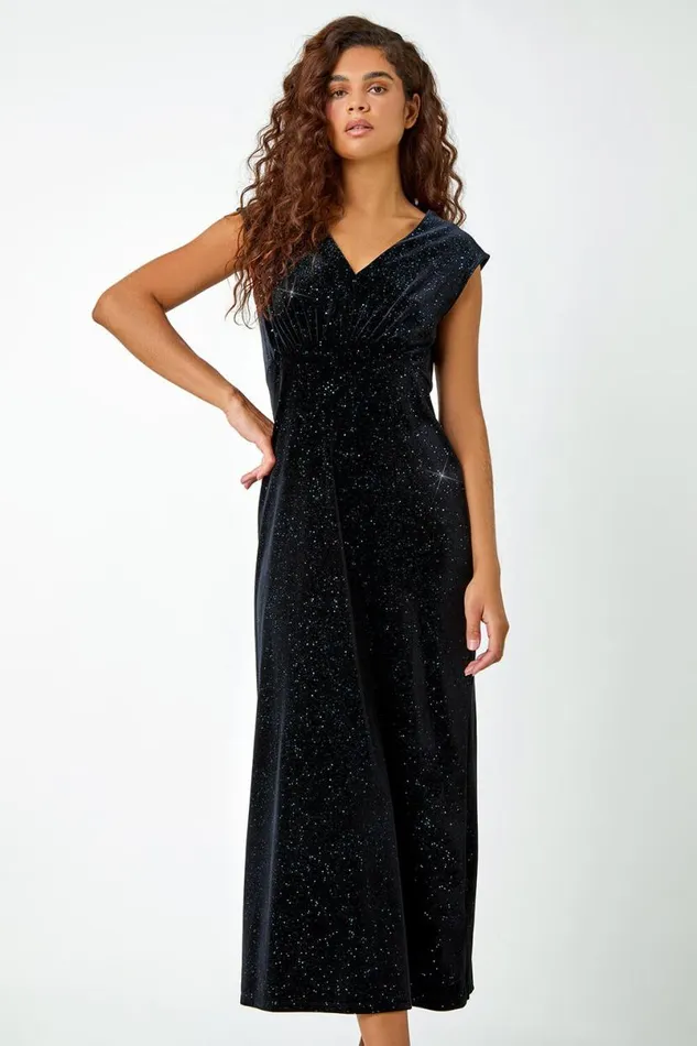 Teal Glitter Velvet Maxi Stretch Dress Women Roman Dresses