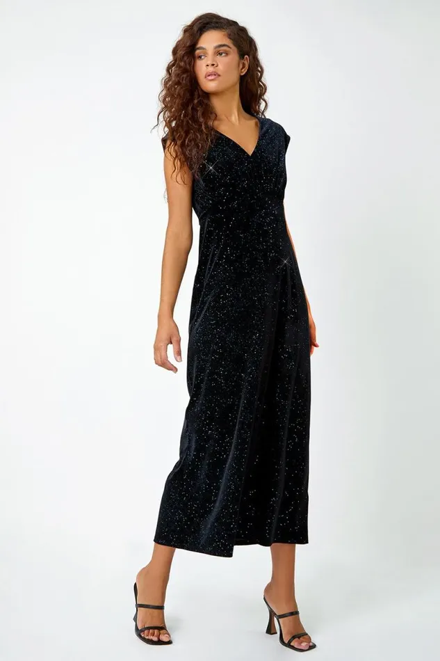 Teal Glitter Velvet Maxi Stretch Dress Women Roman Dresses