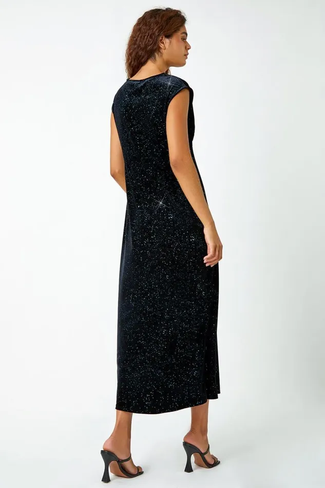 Teal Glitter Velvet Maxi Stretch Dress Women Roman Dresses