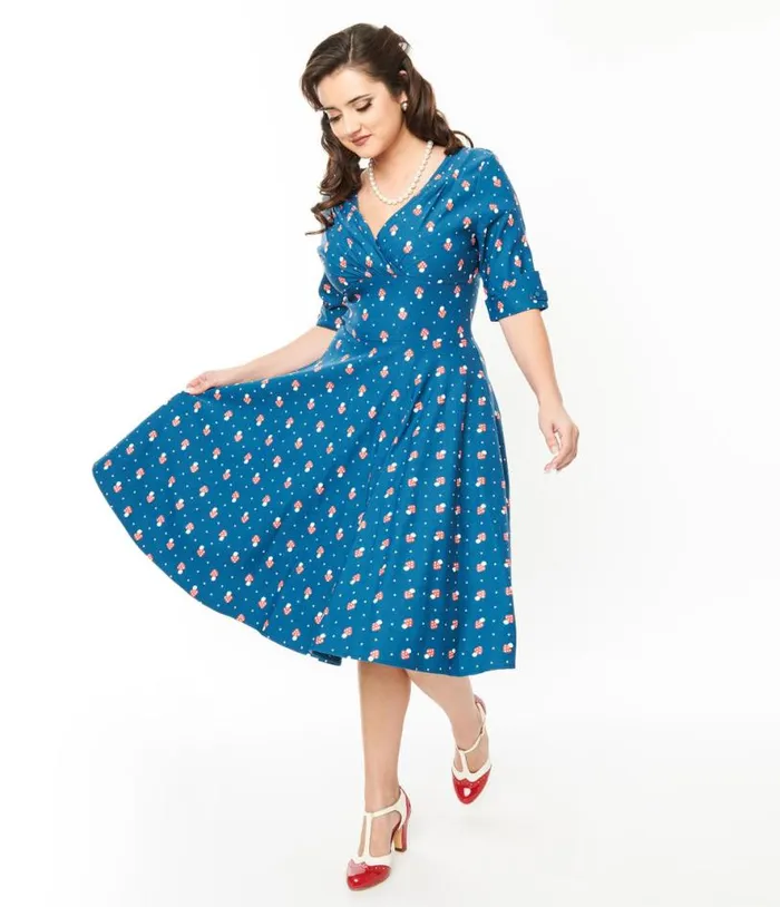 Teal Mushroom Stamp Delores Swing Dress Dresses Unique Vintage Swing