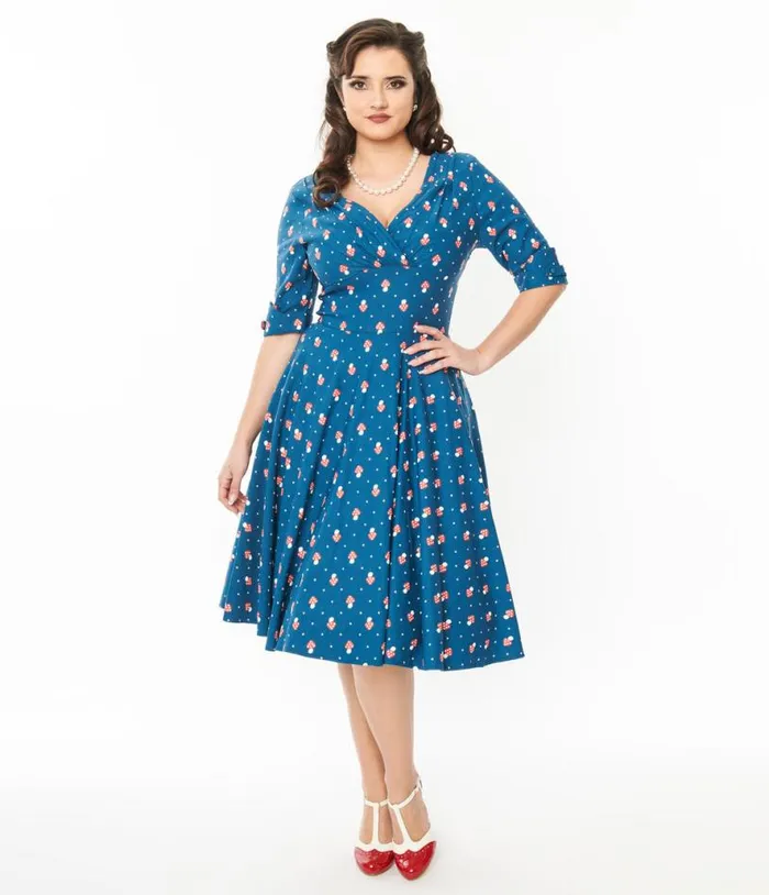 Teal Mushroom Stamp Delores Swing Dress Dresses Unique Vintage Swing