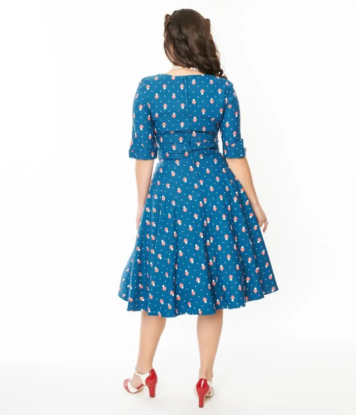 Teal Mushroom Stamp Delores Swing Dress Dresses Unique Vintage Swing