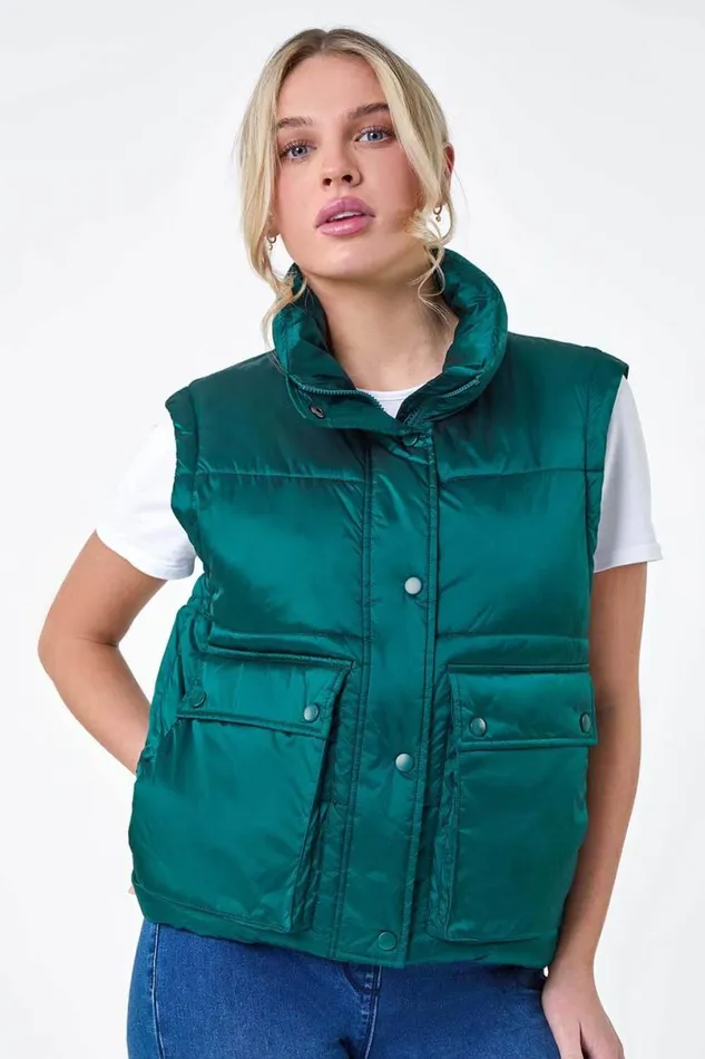 Teal Pocket Detail Quilted Gilet Women Roman Coats