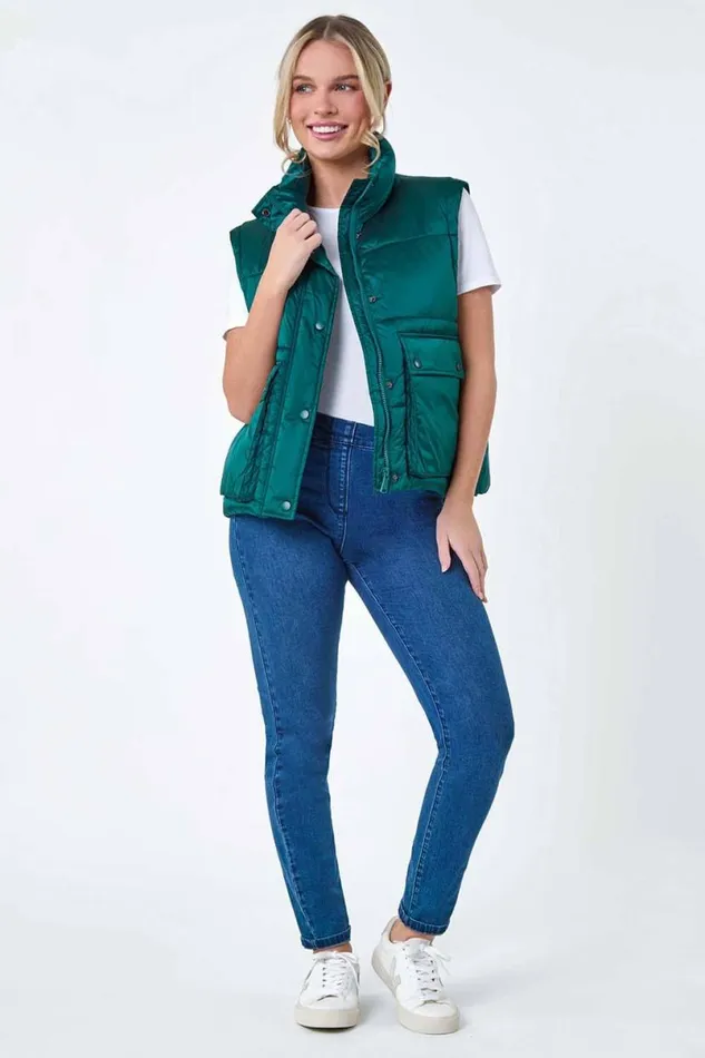Teal Pocket Detail Quilted Gilet Women Roman Coats