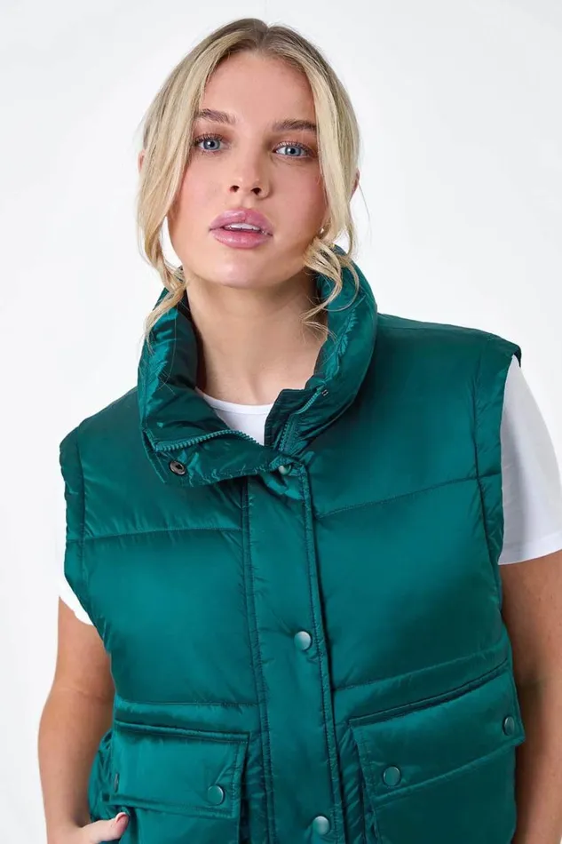 Teal Pocket Detail Quilted Gilet Women Roman Coats