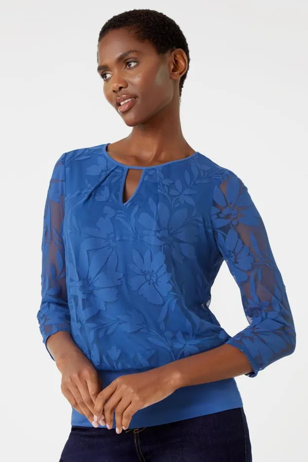 Textured Floral Print Blouson Stretch Top Women Roman Tops