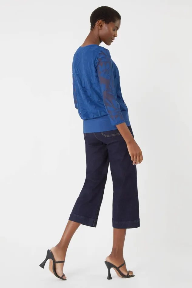 Textured Floral Print Blouson Stretch Top Women Roman Tops