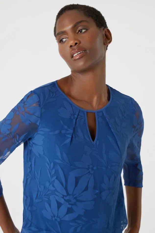 Textured Floral Print Blouson Stretch Top Women Roman Tops