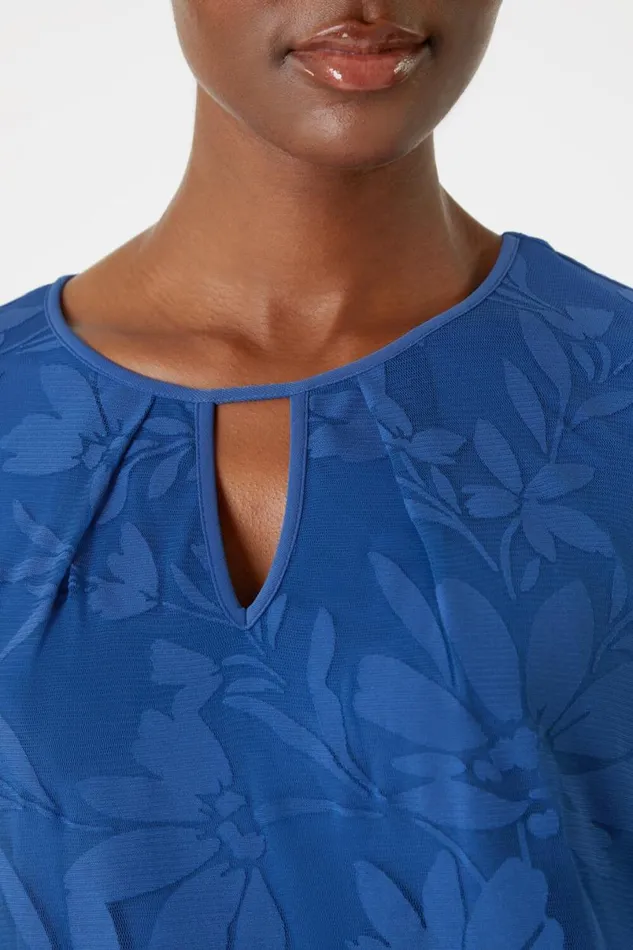 Textured Floral Print Blouson Stretch Top Women Roman Tops