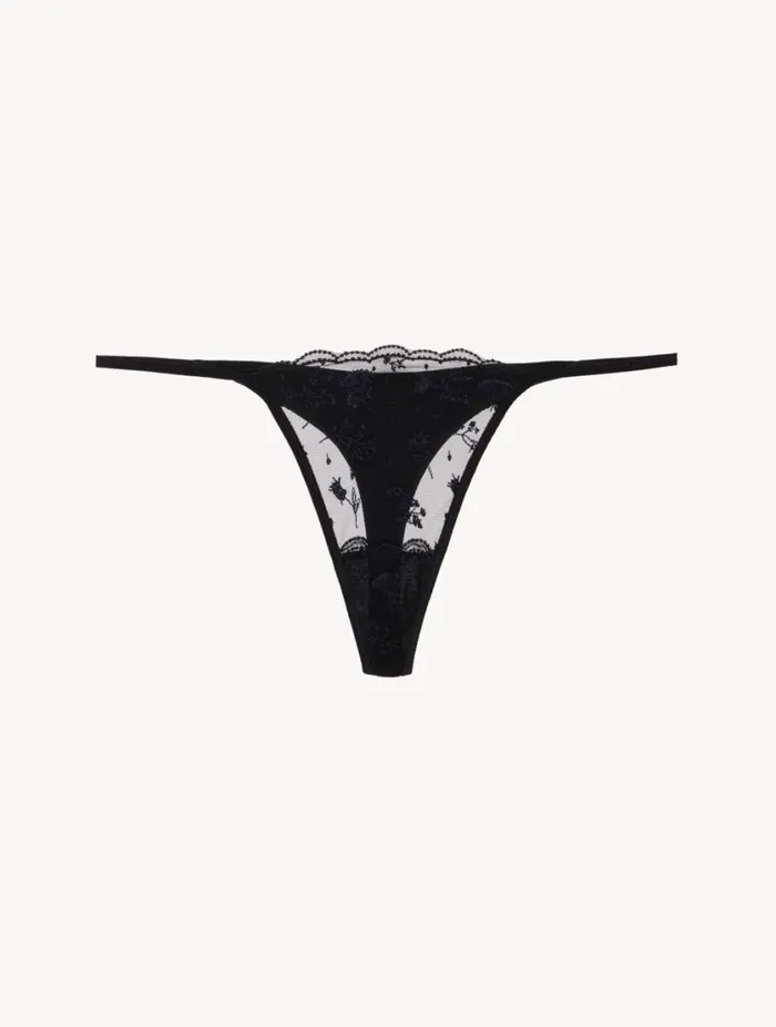 Thong In Onyx With Embroidered Tulle Lingerie La Perla G String and Thong