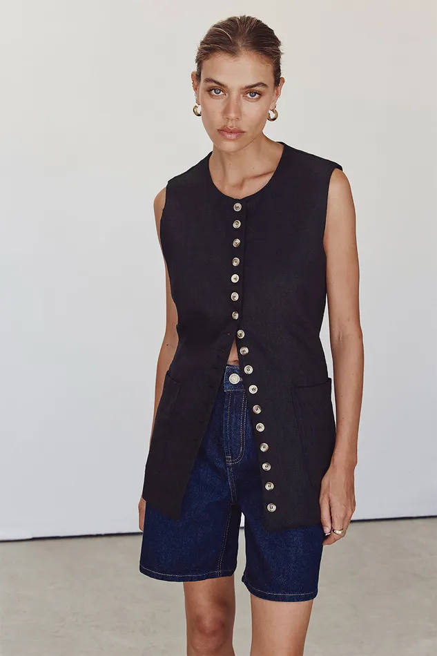 TILLY BLACK LINEN LONGLINE VEST Women DISSH Vests
