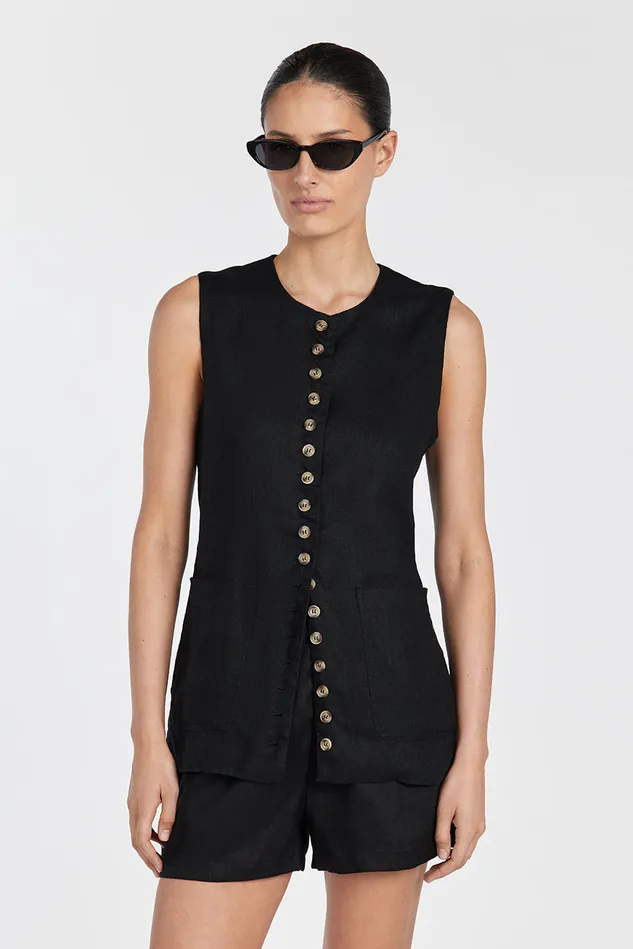TILLY BLACK LINEN LONGLINE VEST Women DISSH Vests