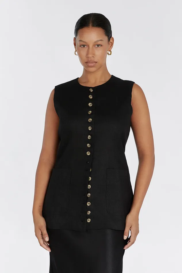 TILLY BLACK LINEN LONGLINE VEST Women DISSH Vests