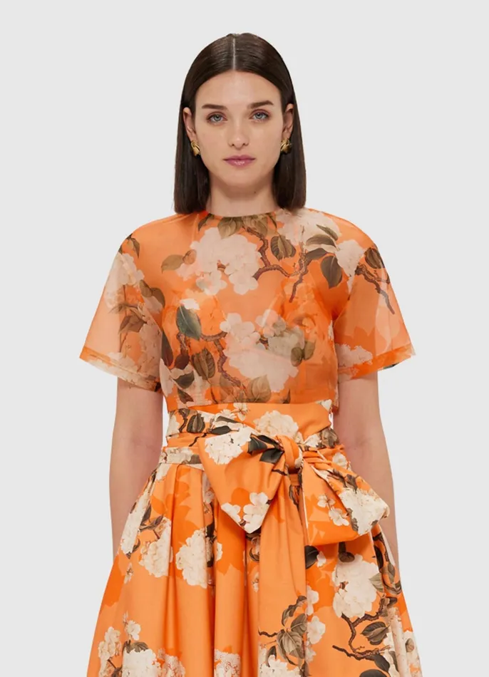 Tops and Shirts Women LEO LIN Indie Sleeve Top 8211 Hydrangea Print In Tangerine