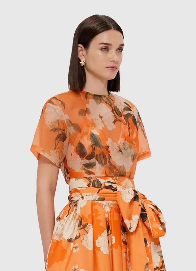 Tops and Shirts Women LEO LIN Indie Sleeve Top 8211 Hydrangea Print In Tangerine