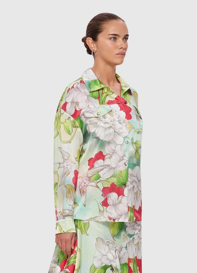 Tops and Shirts Women LEO LIN Savannah Silk Blouse 8211 Swallow Print In Tranquility