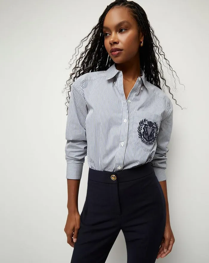 Tops and Tees Shop Veronica Beard Lloyd Striped ButtonDown Top Logo Crest Blueoffwhite