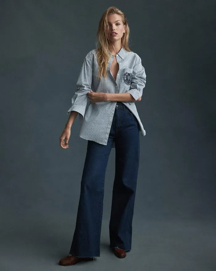 Tops and Tees Shop Veronica Beard Lloyd Striped ButtonDown Top Logo Crest Blueoffwhite