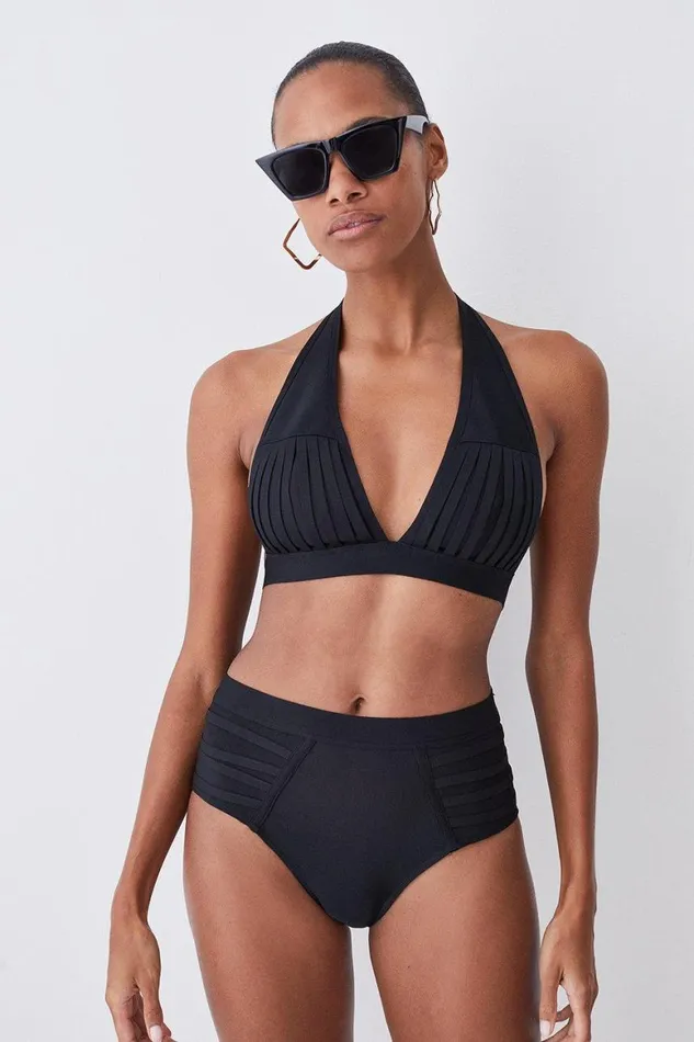 Tops Women Karen Millen Bandage Sheer Stripe Halter Neck Top Black