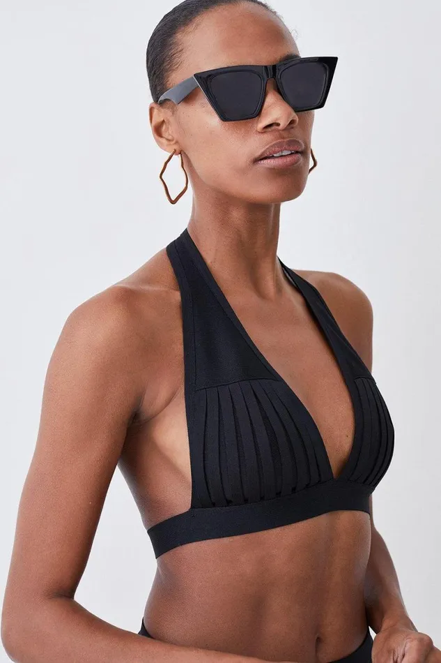 Tops Women Karen Millen Bandage Sheer Stripe Halter Neck Top Black