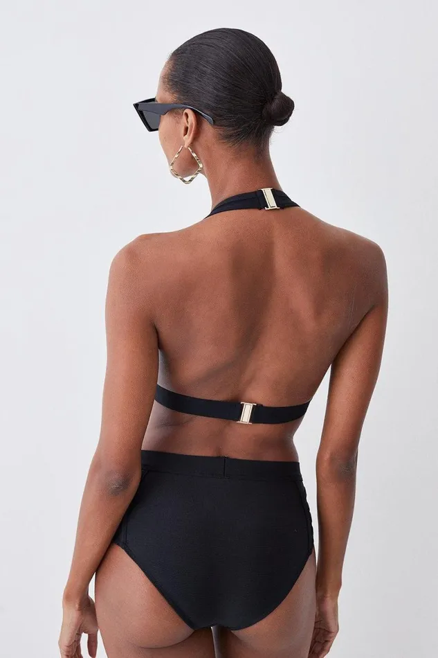 Tops Women Karen Millen Bandage Sheer Stripe Halter Neck Top Black