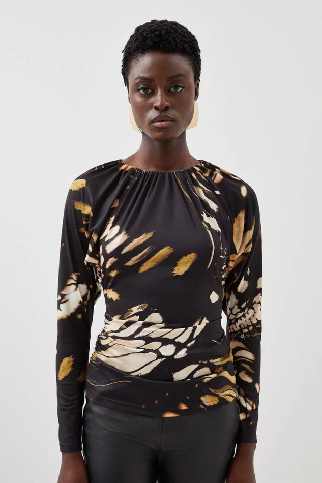 Tops Women Karen Millen Butterfly Print Batwing Sleeve Jersey Crepe Top Black