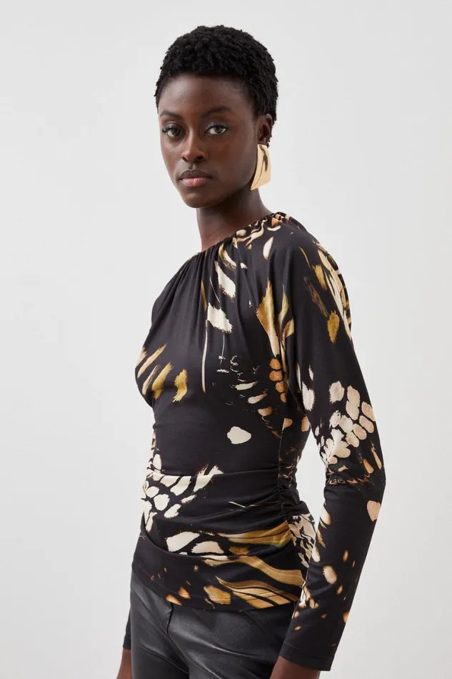 Tops Women Karen Millen Butterfly Print Batwing Sleeve Jersey Crepe Top Black