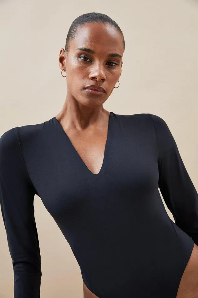 Tops Women Karen Millen Contour Jersey Long Sleeve Plunge Bodysuit Black