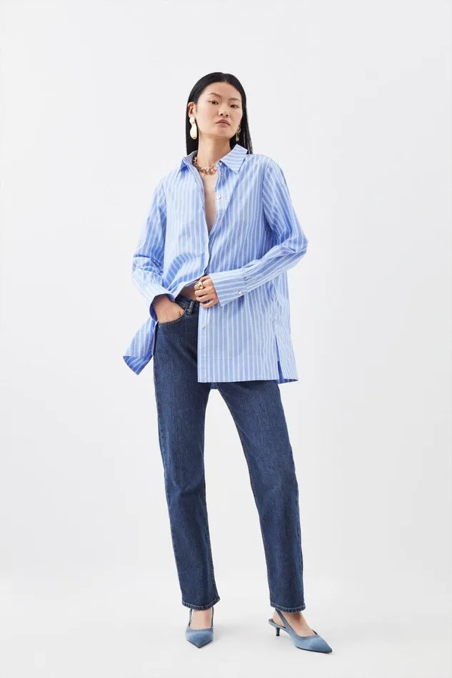Tops Women Karen Millen Cotton Poplin Button Sleeve Detail Woven Shirt Blue