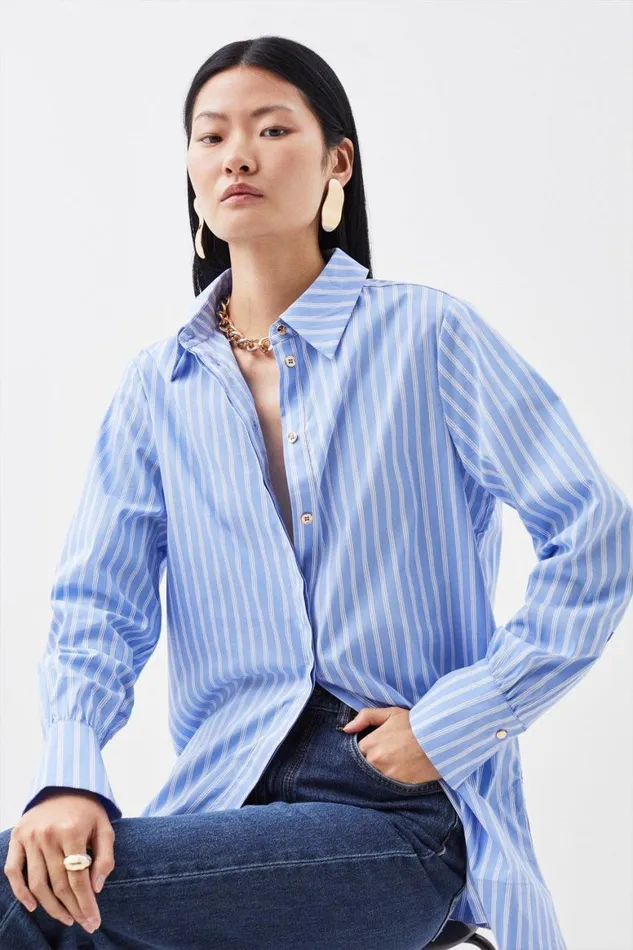 Tops Women Karen Millen Cotton Poplin Button Sleeve Detail Woven Shirt Blue