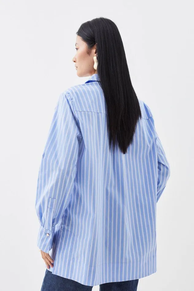 Tops Women Karen Millen Cotton Poplin Button Sleeve Detail Woven Shirt Blue