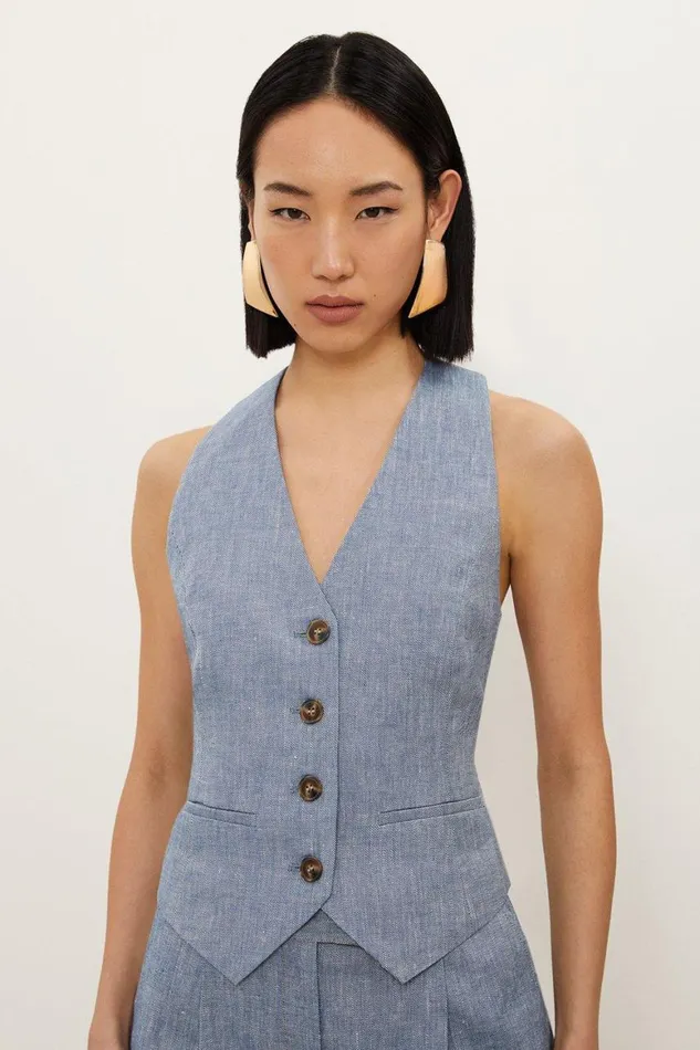 Tops Women Karen Millen Denim Look Linen Corset Back Detail Tailored Waistcoat