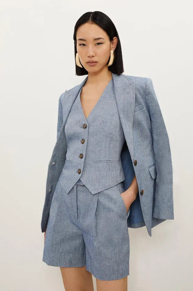 Tops Women Karen Millen Denim Look Linen Corset Back Detail Tailored Waistcoat
