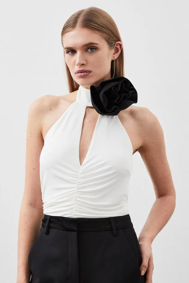 Tops Women Karen Millen Drapey Ruched Jersey Rosette Bodysuit Mono