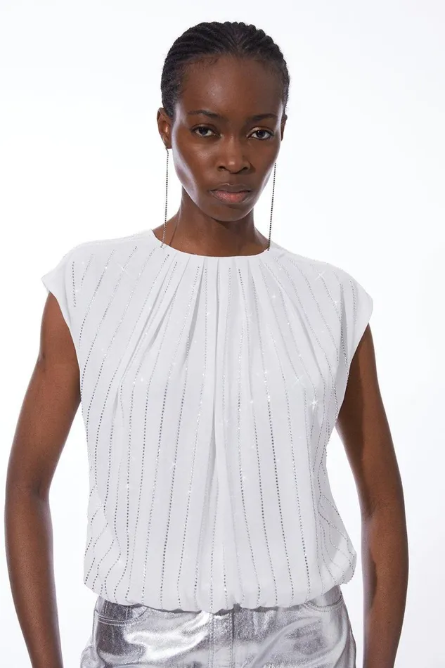 Tops Women Karen Millen Embellished Woven Sleeveless Top Ivory