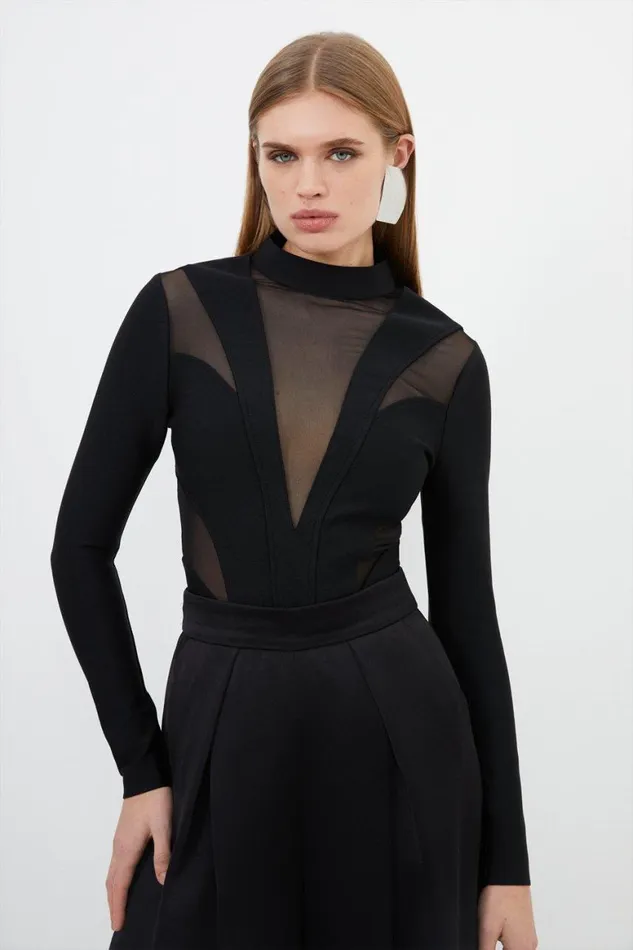 Tops Women Karen Millen Figure Form Bandage Mesh Detail Knit Top Black