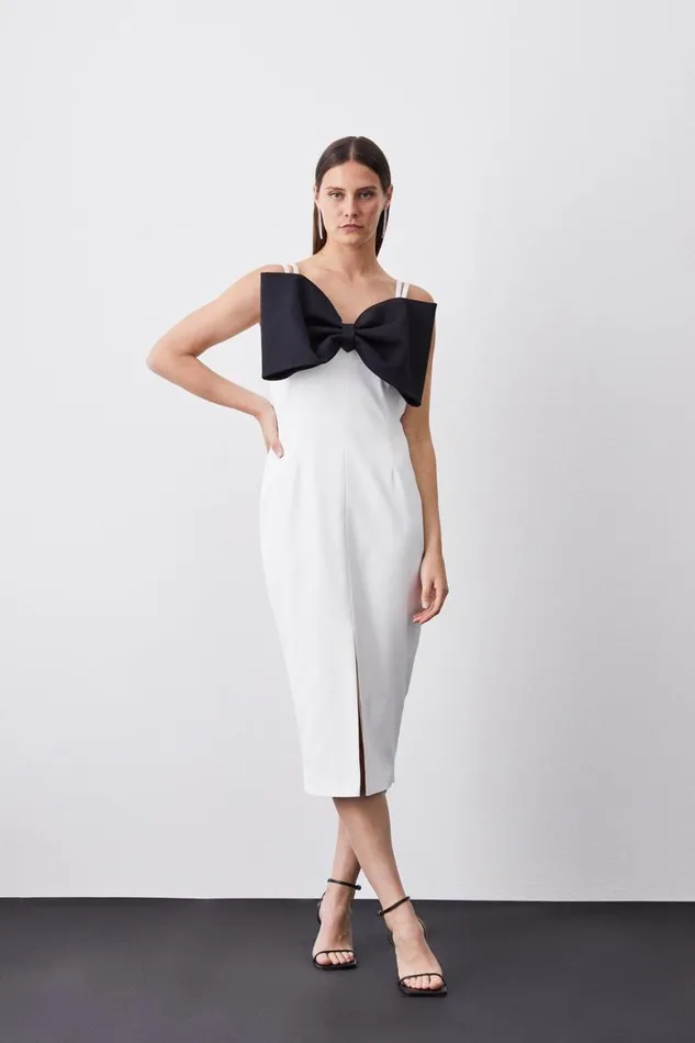 Tops Women Karen Millen Italian Structured Rib Bow Bodice Midi Pencil Dress Mono Tops Women Karen Millen Italian Structured Rib Bow Bodice Midi Pencil Dress Mono